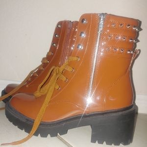 Brown Studded Zip-up Combat Boots